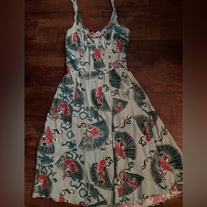 Trashy Diva Halter Dress, Asian Fan Print, Size Small, Smocking and Bustle Back